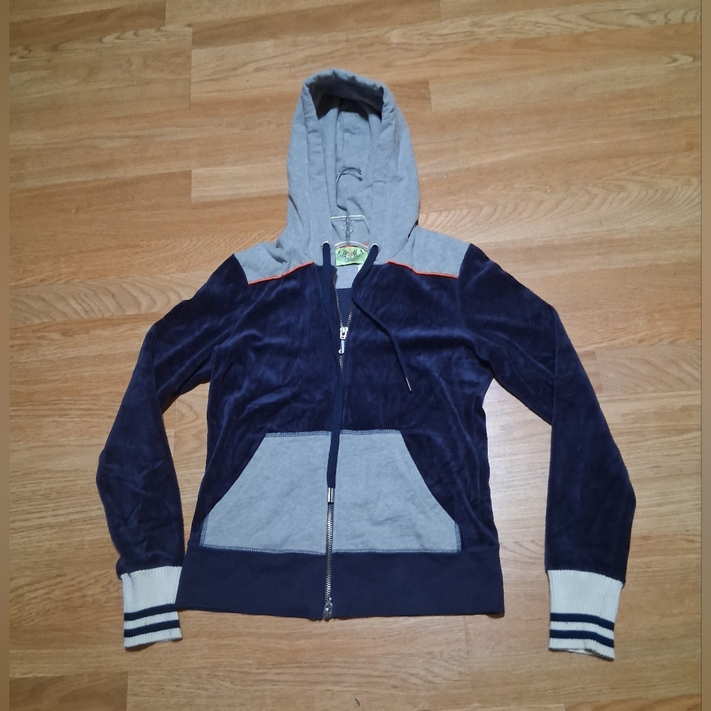 Juicy Couture Navy and Gray Hooded Zip-Up Women Jacket